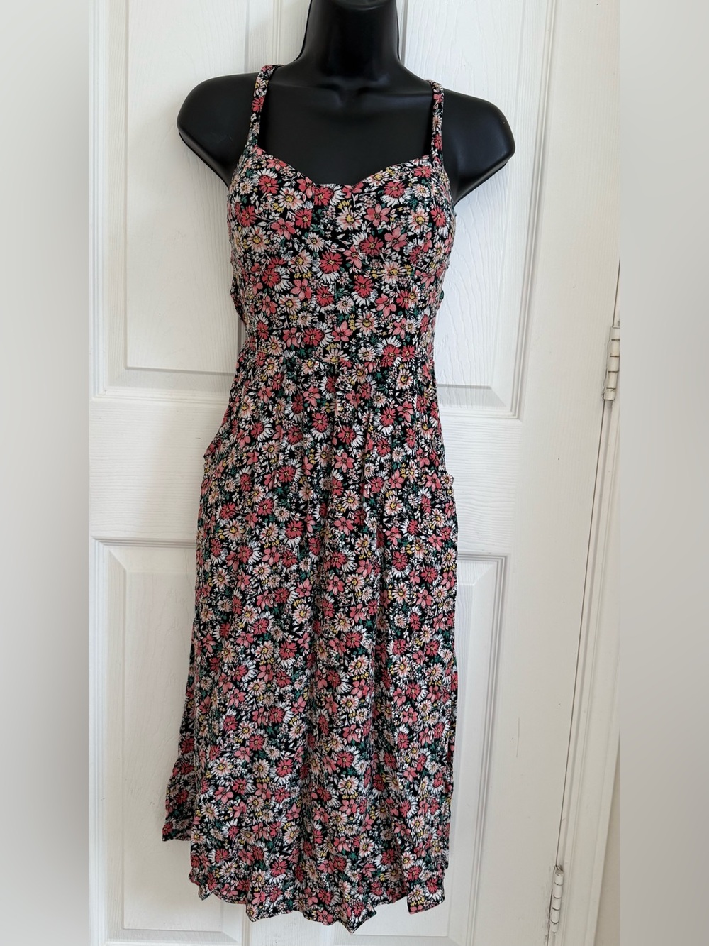 Floral Spaghetti-Strap Maxi Dress in Black and Pink, with pockets